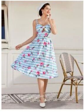 Striped Blue & Pink Floral Midi Dress with Knot Front